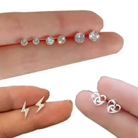 1pair silver crystal stud earrings heart round lightning shape earrings for women girls simple studs earring fashion jewelry