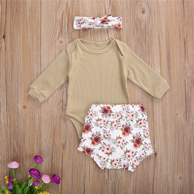 

Baby Girl Bodysuits Autumn Summer Shorts Flower Printed O-Neck Long Sleeve Bodysuits 3-Piece Outfits 2020 Baby Clothing