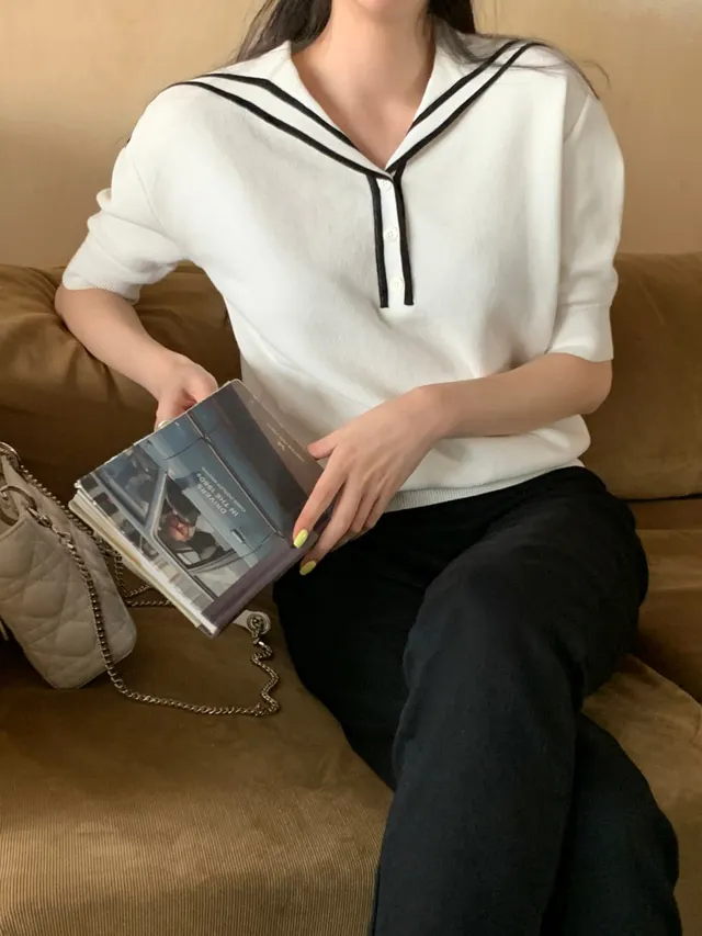 

Women T-Shirt 2021 Summer Korea Chic Age-Reducing Navy Collar Trim Three Buttons Loose Versatile Short-Sleeved Knit Top