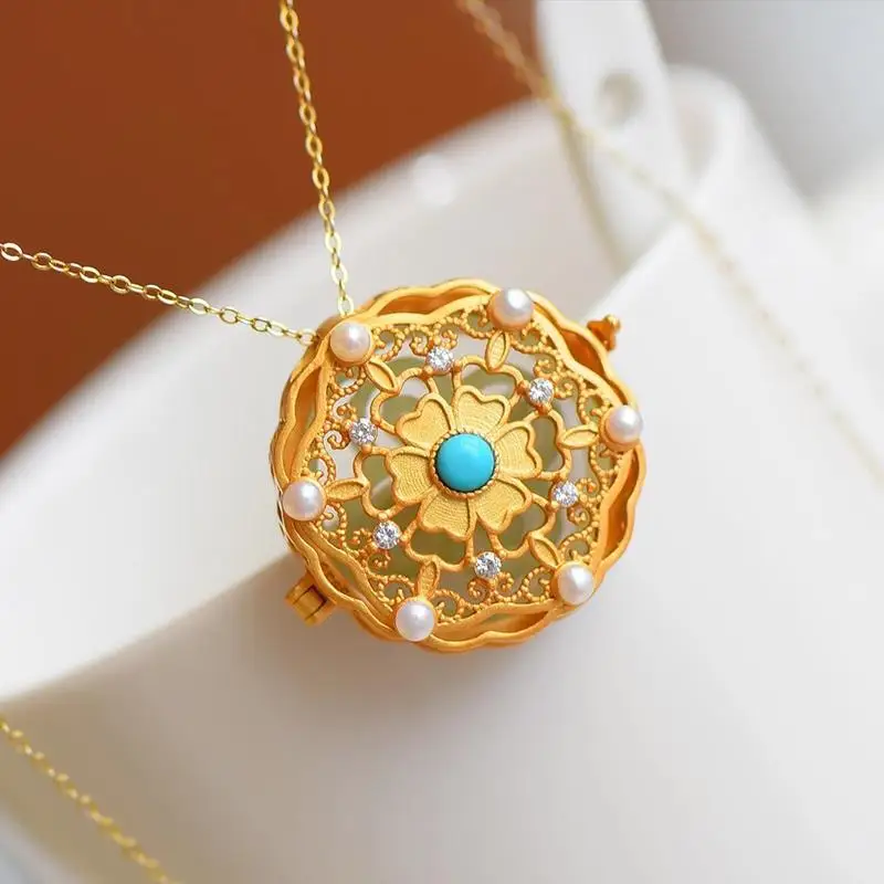 

Retro Style Ancient S925 Sterling Silver Gold Plated Perfume Bag Pendant Hollow Hetian Jade Gray Jade Niche for a Statue of the
