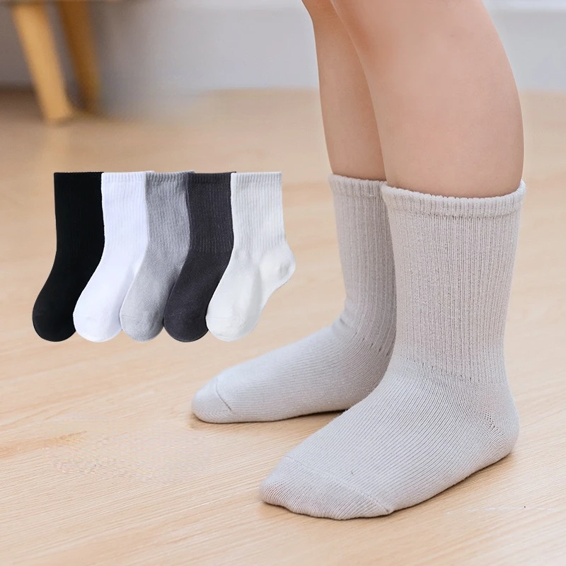 5 Pairs/Lot Children's Socks Spring & Autumn 1 To 12 Years School Boys and Girls Cotton Socks Solid Color Simple Kids Socks