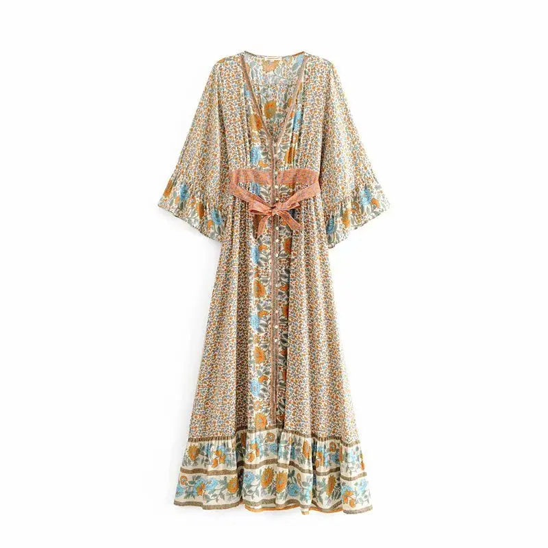 Женское богемное платье макси с цветочным принтом длинное пляжное v образным