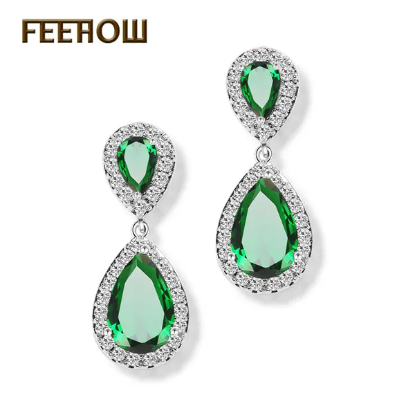 Green FEEHOW, модные элегантные свадебные ювелирные изделия, розовое золото, цветная слеза, кубический циркон, висячие серьги для женщин, Свадебная вечеринка FWEP091 - Окраска металла: Green
