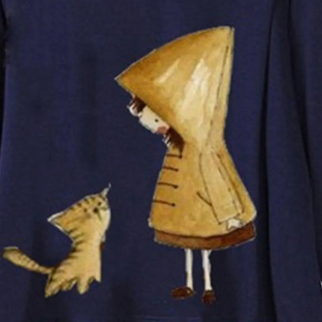 Футболка женская с круглым вырезом мультяшный принт кота длинный рукав пуговицы