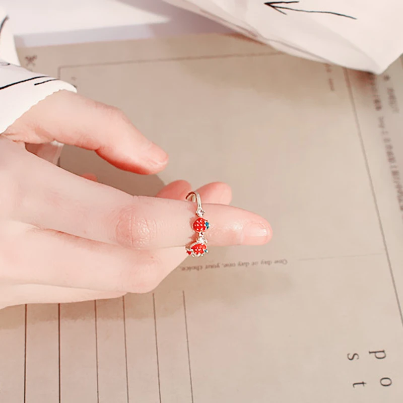 

Rhinestones Sweet Fruit Red Strawberry Open Adjustable Finger Rings For Women Girls Party Gifts