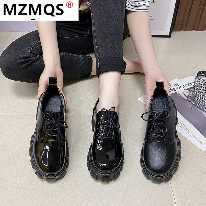 

Women Leather Shoes Female 2021 New Fashion Thick High Heel Retro Black Work Shoes Spring Round Head Rubber Low Single Shoes