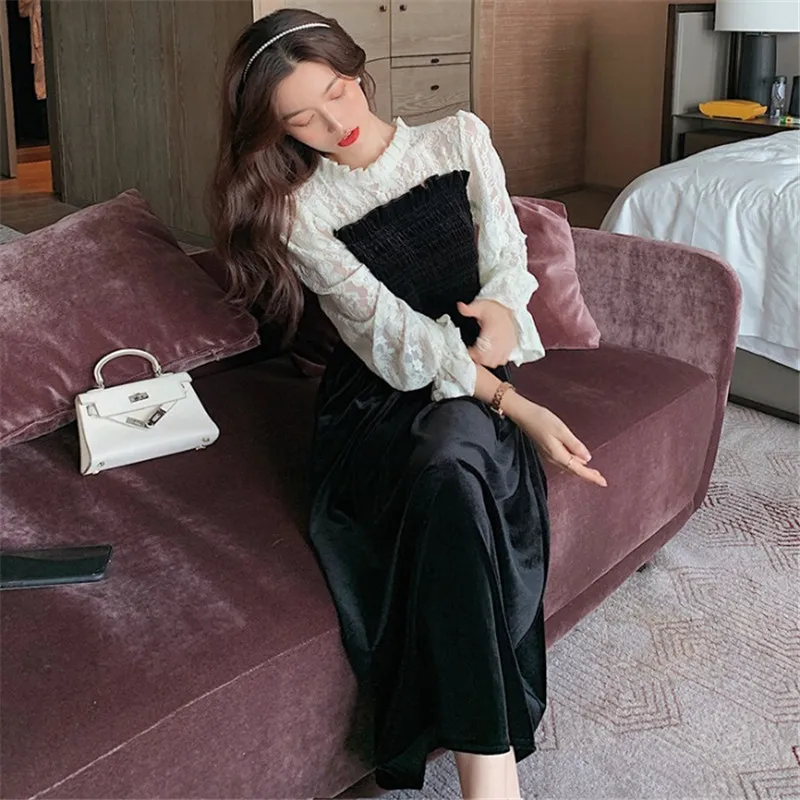 

French style splicing lace dress 2020 autumn and winter new women's slim waist velvet stand collar dresses