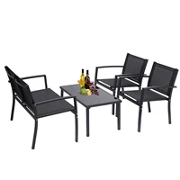 4 Pieces Patio Porch Furniture Set Outdoor Garden Conversation Poolside Lawn Chairs with Glass Coffee Table Black[US-Stock]