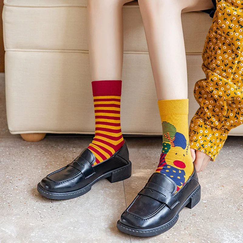 Women Socks 2022 New Fashion Cartoon Cotton Breathable Girls High Quality Asymmetry Long Socks Retro Korean Socks For Women