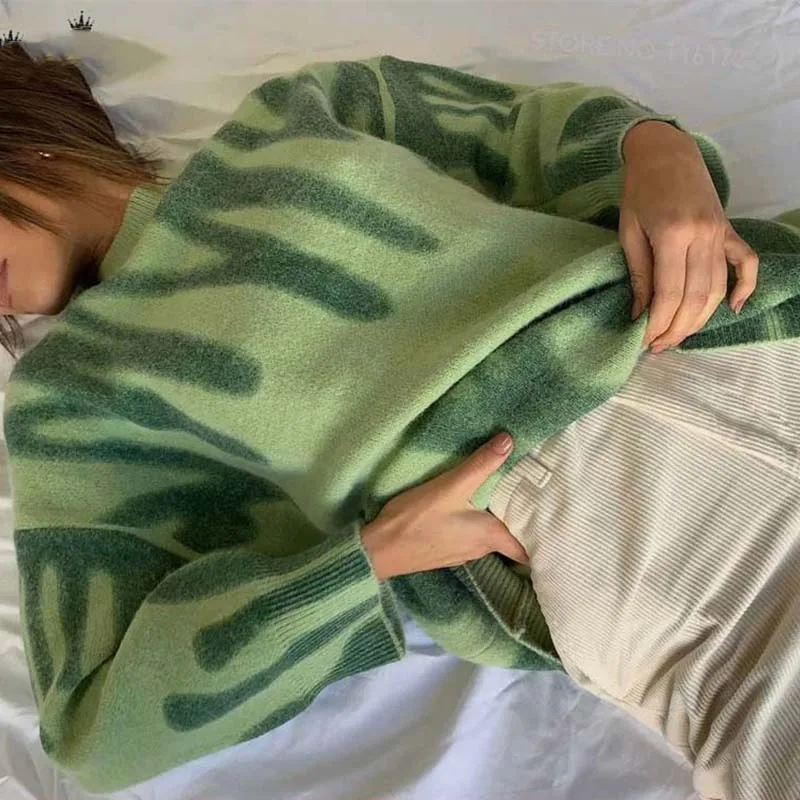 Элегантные пуловеры в зеленую полоску с принтом женские зимние свободные