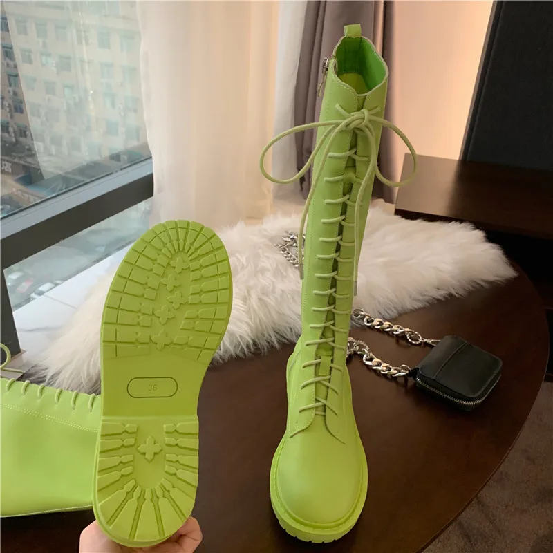 Неоново-зеленые женские сапоги из искусственной кожи до колена на шнуровке с