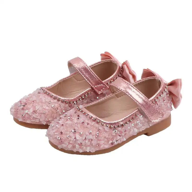 

School Shoes Girls Sequins Leather Princess Sandals Pearl Bows Wild Soft-soled Dance Shoes For Fashion Girls Party Dress