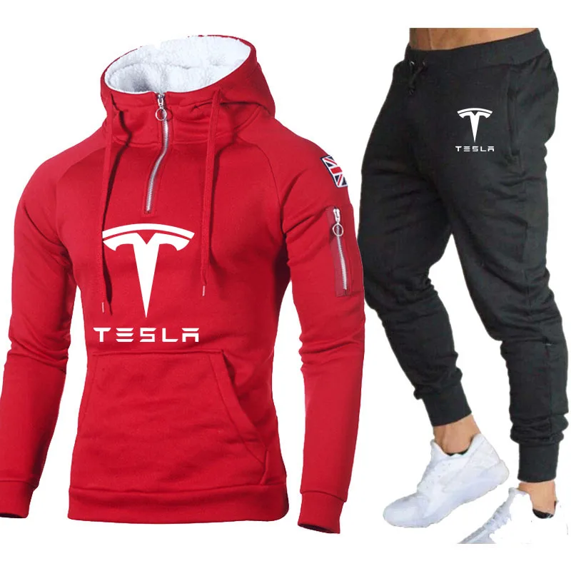 

Толстовка Tesla с логотипом автомобиля, Модный Повседневный хлопковый комплект из 2 предметов, свитшот и спортивные штаны, весна-осень
