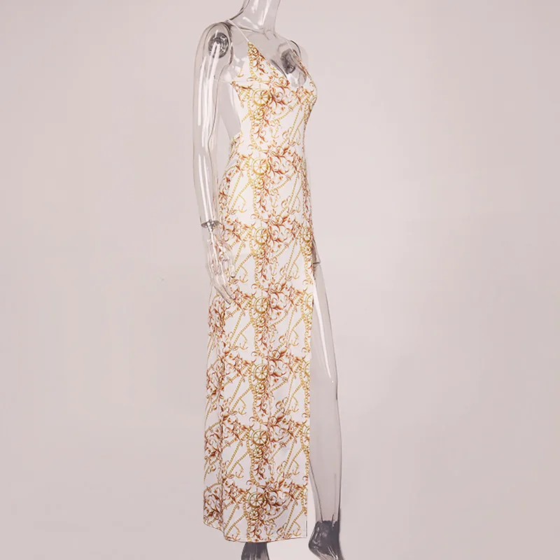 

Fannic 2021 Spring Sexy Print V-neck Dresses for Women Fashion Open Back High Waist Split A-Line Sleeveles Spaghetti Strap Dress