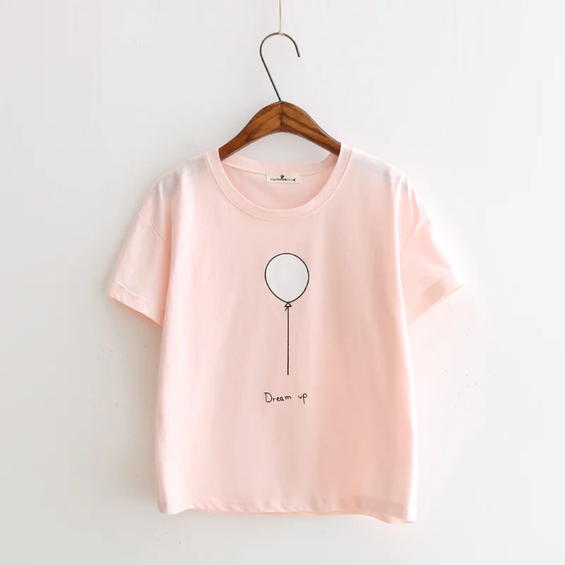 

Women 2021 Summer Casual Cartoon T-Shirt Simple O Neck Sweet Balloon Print Short Sleeve Cute Tops Tee Korean Tshirt for Girls