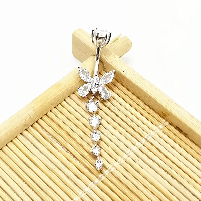 

925 Sterling silver Butterfly Shape belly button rings 14G navel piercing jewelry women CZ tassel body bar jewelry