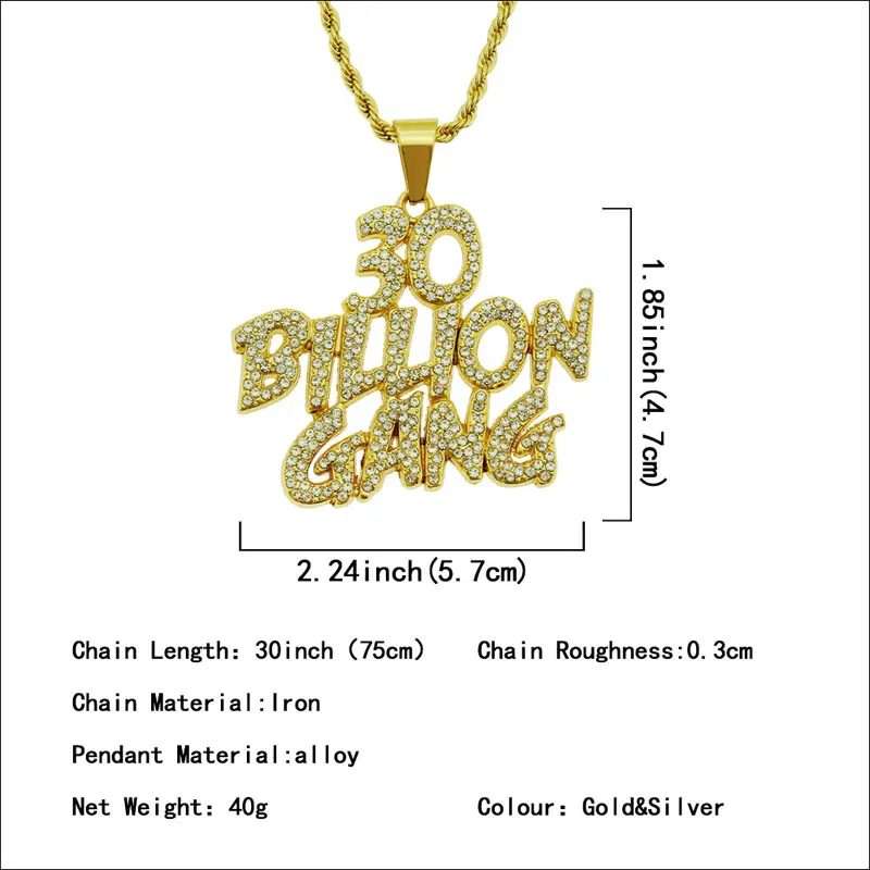 

New Fashion Mens Iced Out Letter Billion Pendant Necklace Gold Plated Bling Bling Crystal Hip Hop street dance Jewelry