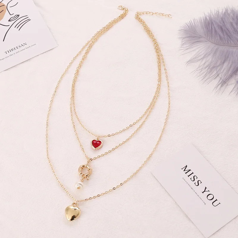 Готический кулон в виде красного сердца ожерелье Золотая цепь с жемчугом чокер