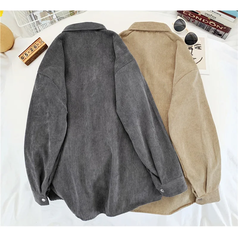 

EBAIHUI Vintage Corduroy Shirts Jacket Women Solid Shirt Turn Down Collar Oversize Coats Casual Basic Outwear Women Top
