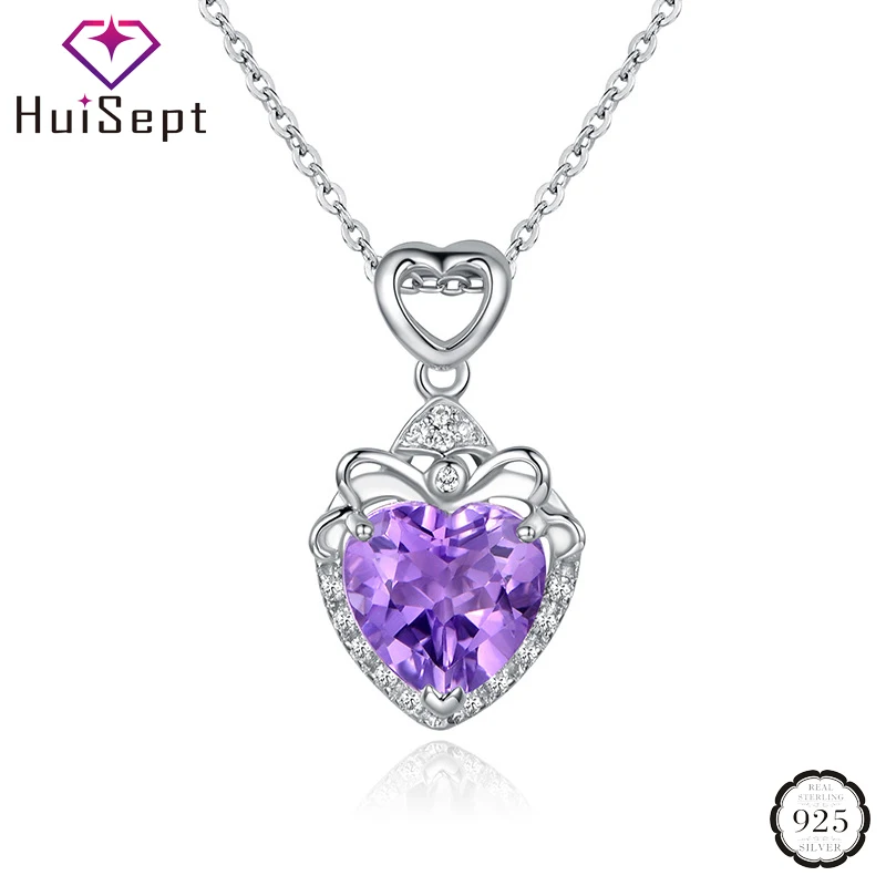 

HuiSept 925 Silver Jewelry Necklace Heart Shape Sapphire Amethyst Zircon Gemstone Pendant Accessories for Women Wedding Party