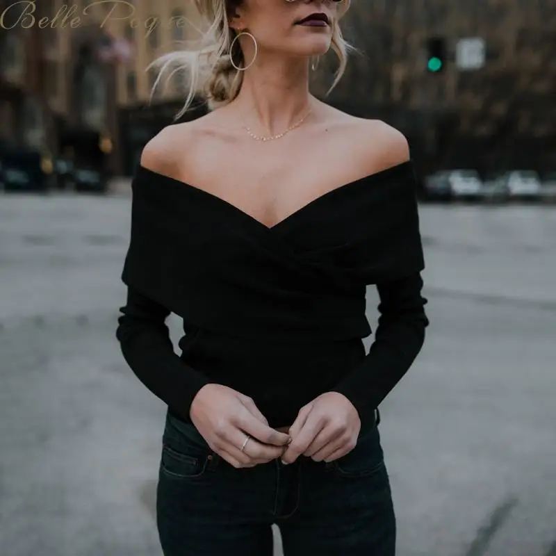 Belle poque женские модные пуловеры сексуальный Вязанный свитер с открытыми плечами