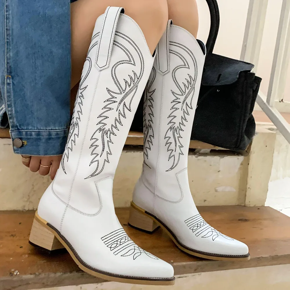 

Women's genuine leather Stitch embroidery folk-custom thick med heel winter knee high knight boots casual motorcycle boots shoes