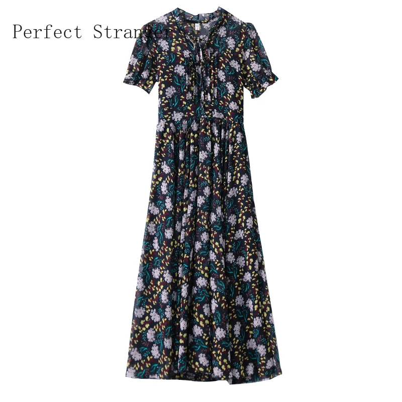 

2021 Spring Summer New Arrival Plus Size M-4XL Hot Sale Stand Collar Flower Printed Short Sleeve Women Long Chiffon Dress