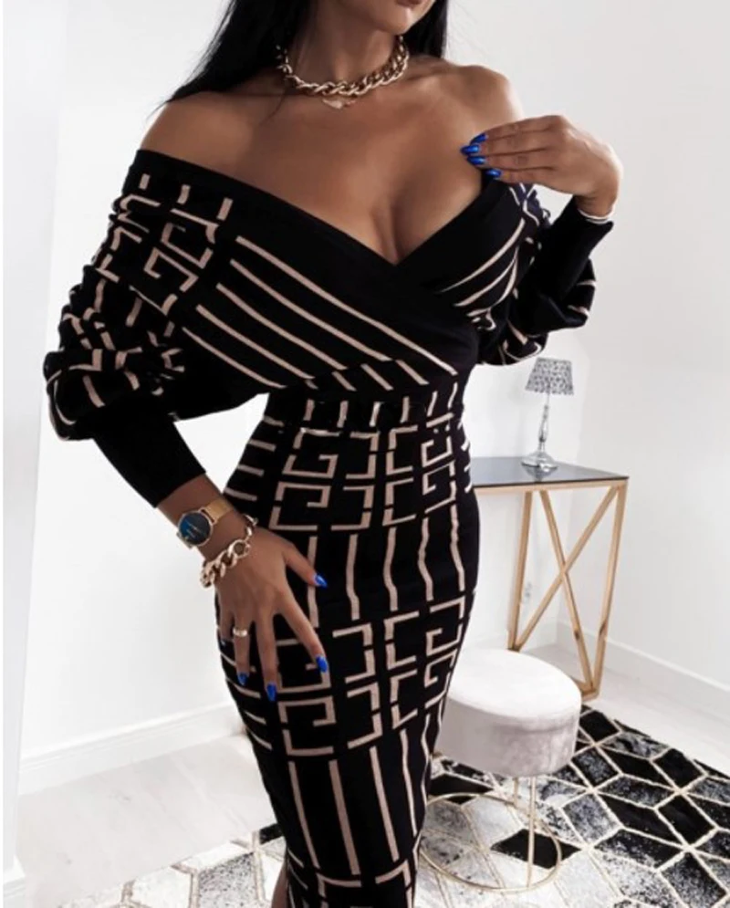 

2021 Fall Retro Sexy Elegant Mature Fashion Deep V-neck Full Sleeve Women's High Waist Thin Pencil Mid-length Dress