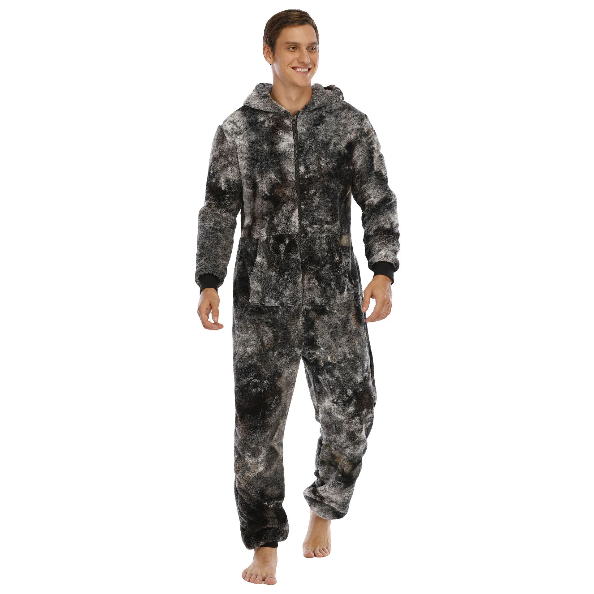 mens pyjama tops Autumn Winter Casual Flannel Onesies Hoodie Jumpsuit Pajama Men Jumpsuits Hoodie Zipper Sleepwear best silk pajamas