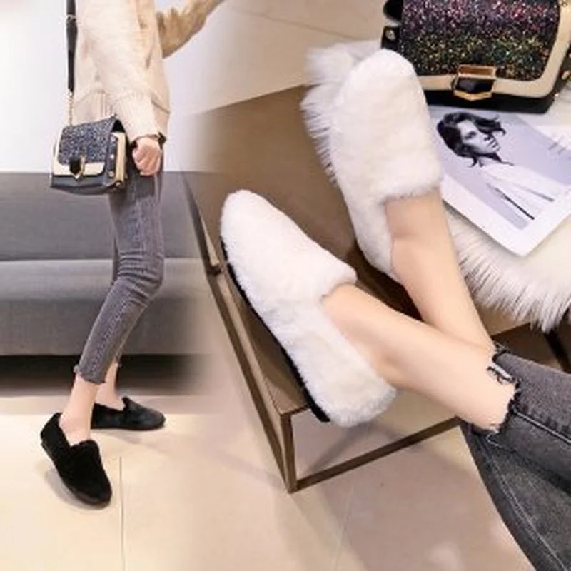 

Net Celebrity Flat Bottom Fashion Women's Winter 2021 New Cotton Shoes Shoes Soft Bottom Peas Shoes Warm Pure Color Plush Shoes