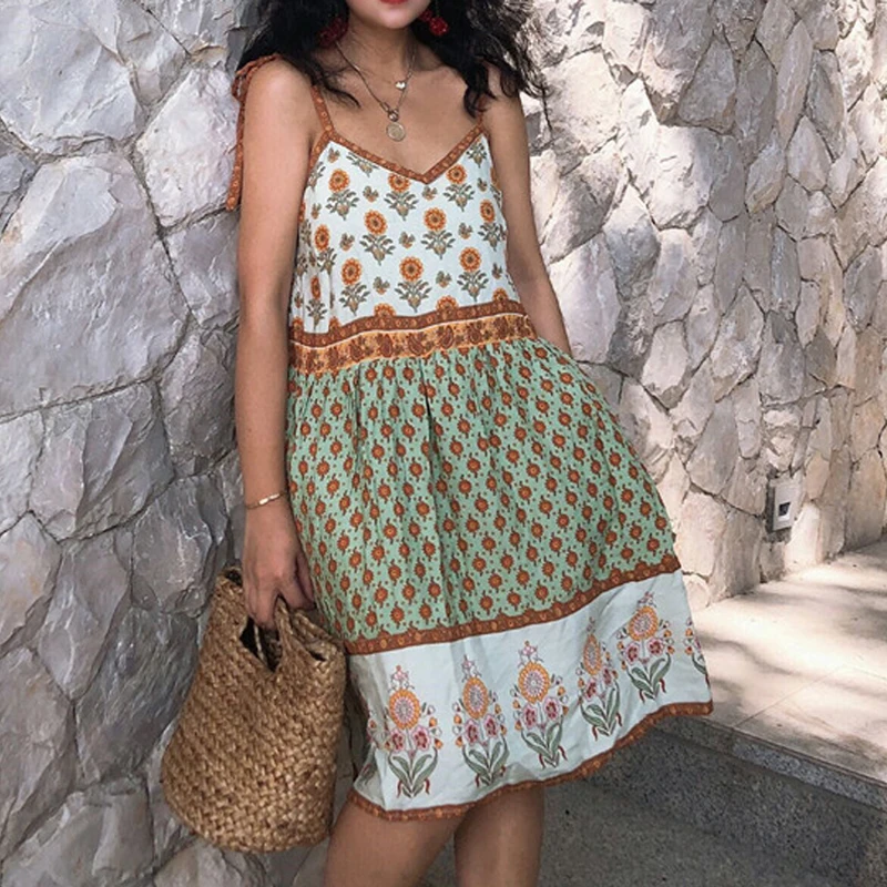 Женское мини платье из вискозы без рукавов с цветочным принтом|Женские платья| |