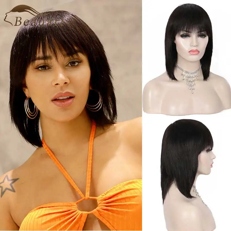 

Olymei 100% Human Hair Full Wigs Natural Black Bob Cut Wig For Women 12 Inches Short Black Straight Brazilian Hair With Bangs