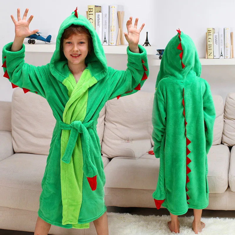 Green Cartoon Children Bathrobe for Boy Girls Pajamas Flannel Tiger Animal Hooded Bath Robe Baby Kids Home Wear Outfit Roupao Infantil - Color: Green