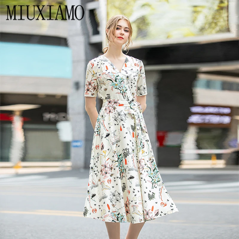 

MIUXIMAO High Quality 2020 Summer Dress New Party Casual Beach Vintage Elegant Fashion Flower Print Dress Women Vestidos