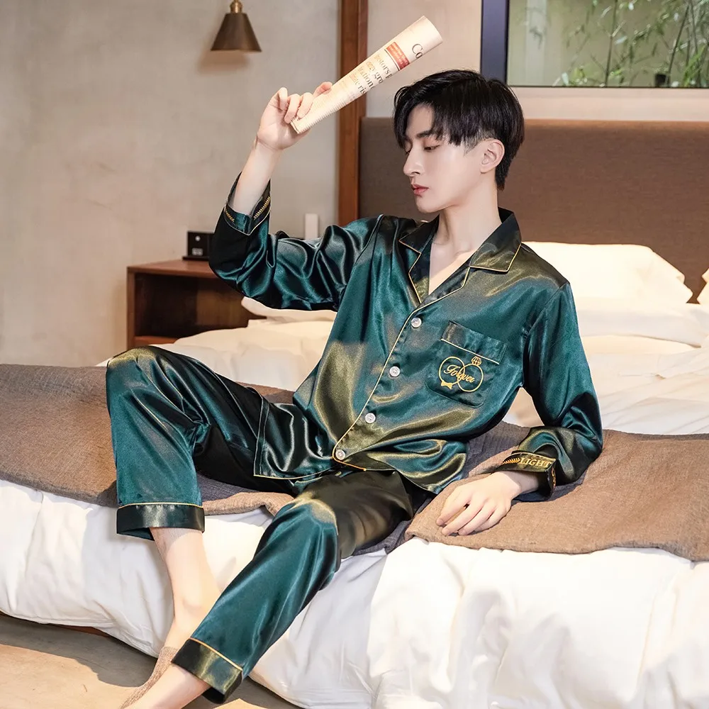 

Spring Summer Men Pajamas Set Sleepwear Soft Rayon Silk Long Sleeve 2PCS Shirt&Pant Loose Casual Nightwear Plue Size Home Wear