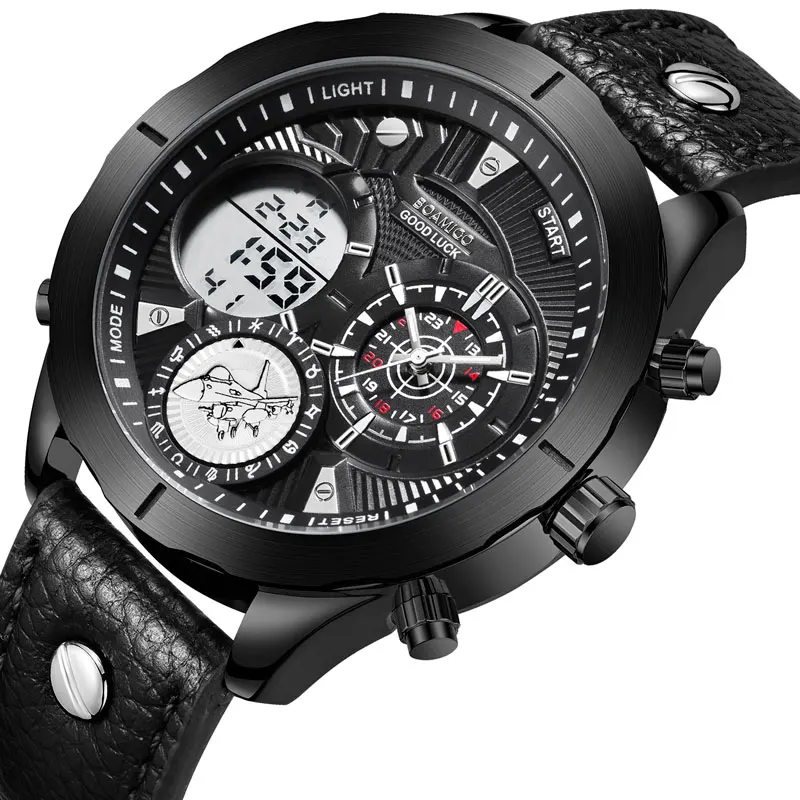 BOAMIGO Leather Strap Fighter Turntable LED Digital Quartz Clock Waterproof Watches Luxury Brand Men Sports Watches