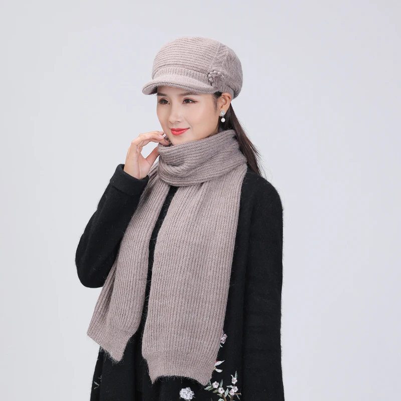 

New Winter Elegant Women Rabbit Fur Hat Scarf Set Female Flowers Warm Wool Knitted Hat Bonnet Mom Cap Gifts Thick Scarf Shawl