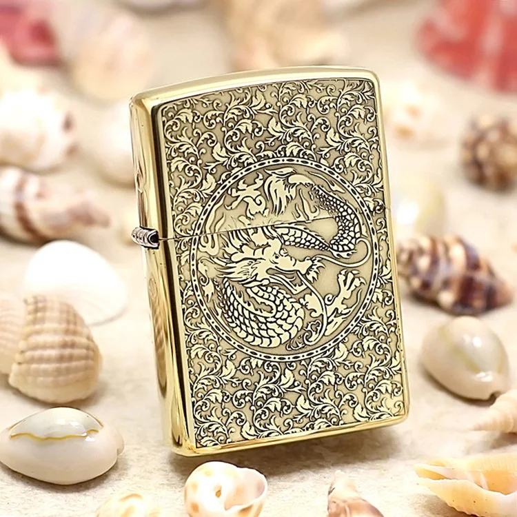Оригинальная зажигалка Zippo медная ветрозащитная с рисунком дракона и феникса