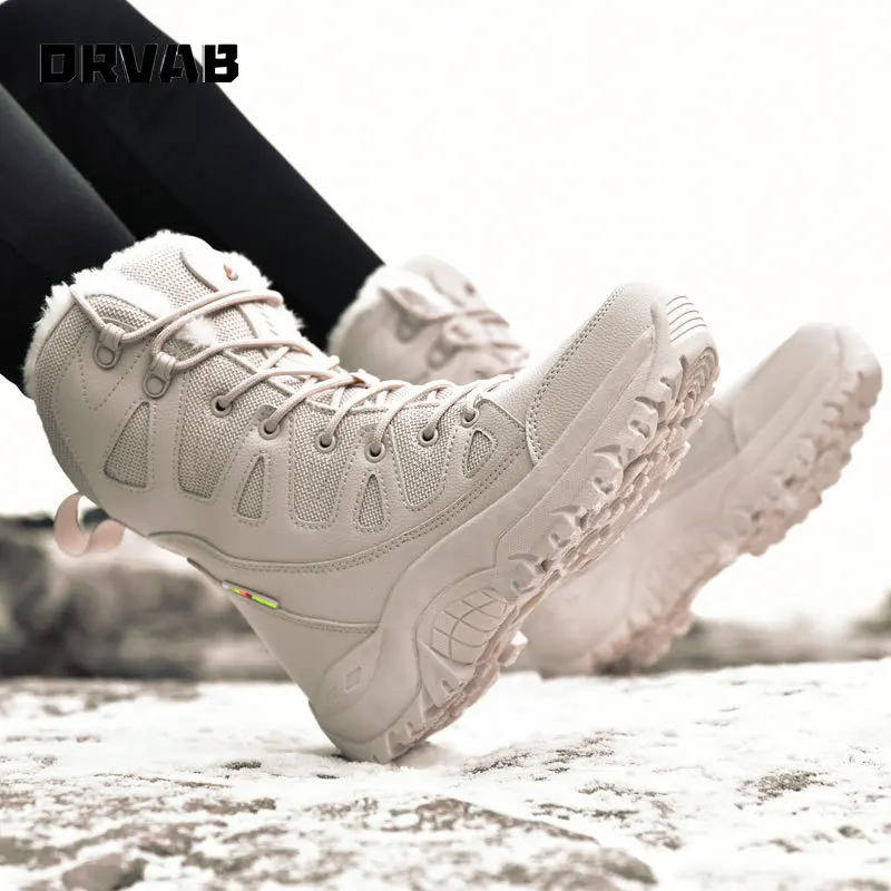 PLUS SIZE 36-46 Military Boots Leather Combat Boots for Men and Woman Fur Plush Winter Snow Boots Outdoor Army Bots Army Shoes images - 6