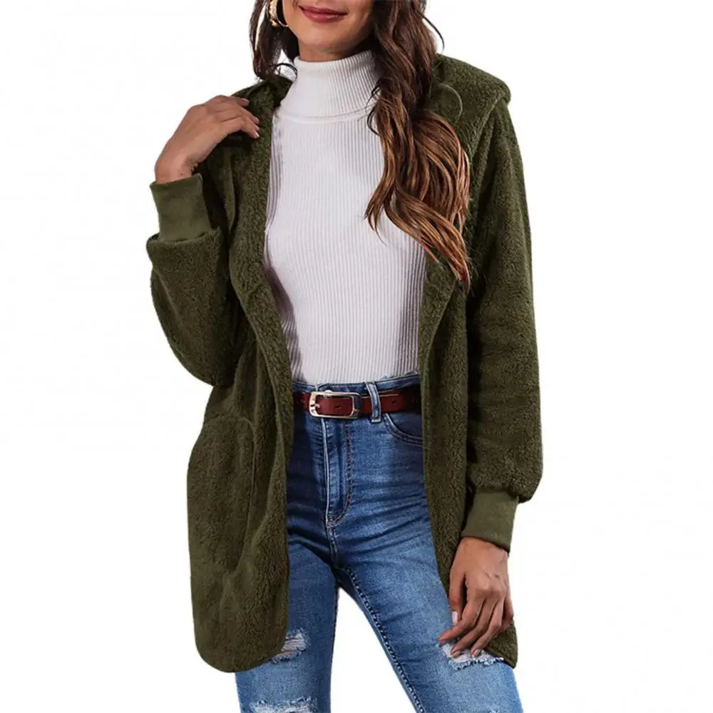 

Women Autumn Winter Long Sleeve Hooded Coat Plush Warm Outerwear Pockets Jacket