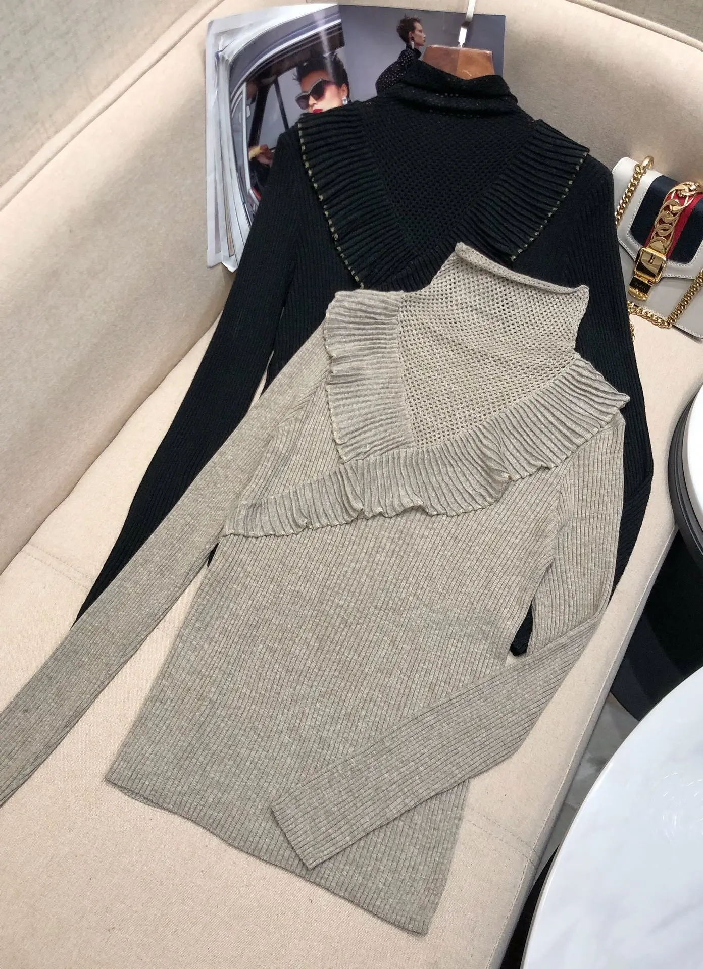 

Fashion 2021 New Ladies Long Sleeve Sexy Casual Solid Color Turtleneck Hollow Ruffle Knit Sweater 1107