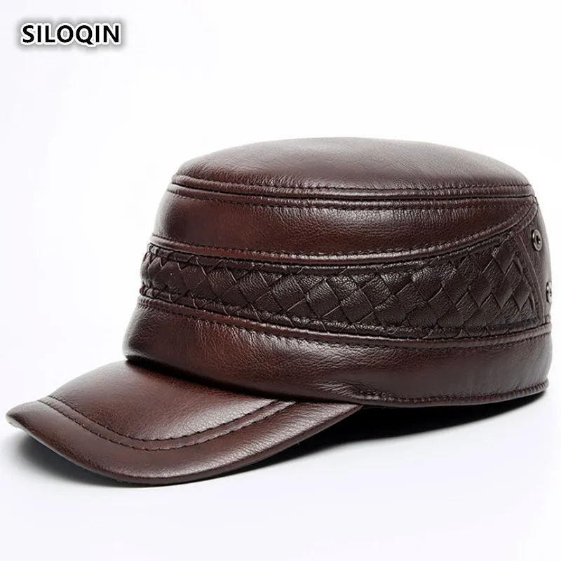 

SILOQIN Snapback Cap Genuine Leather Hat Autumn Winter Men's Cowhide Military Hats With Ears Adjustable Size Male Bone Flat Caps