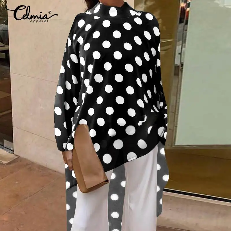 

Women Tops and Blouses 2021 Celmia Female Autumn Long Sleeve Asymmetrical Casual Shirts Loose Dot Print Blusas Mujer
