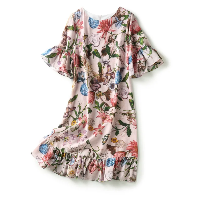 

High Quality Retro Summer Dress Women's Five-point Sleeve Floral Round Neck Ruffled Midi Skirt