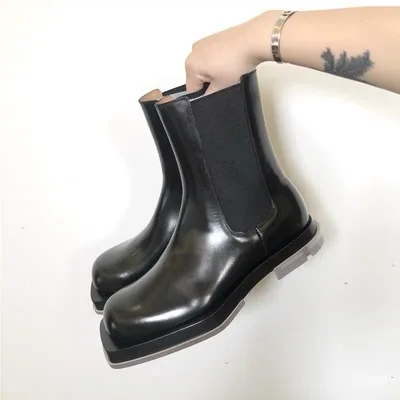 

Thick-soled Square Toe Real Leather Transparent Sole Short Woman Chelsea Boots Fashion Mid-tube Martin Boots 2021 New Arrivial