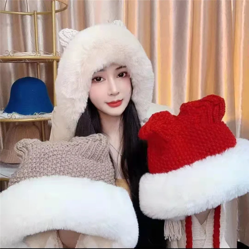 

Winter Hats for Women Bomber Hats Thickened Cold-proof Artificial Wool Keep Warm Plush Plus Velvet Novelty Ladies Cute Ear Caps