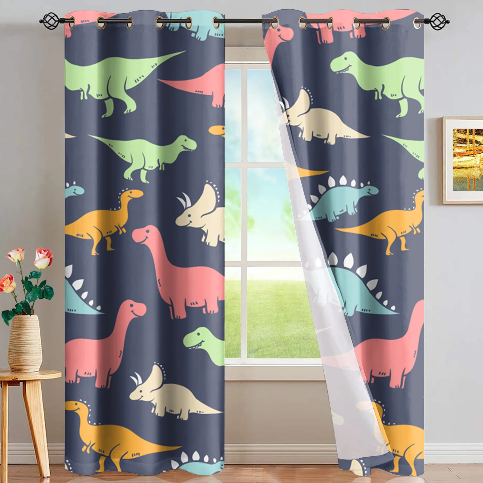 

Window Curtain Cute Dinosaur Printed Thermal Insualted European Style Modern Kids Bedroom Decor Blackout Grommet Curtains 2021