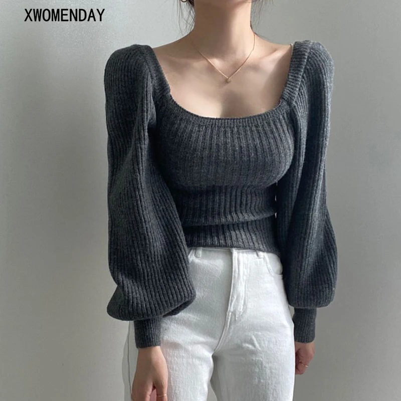 

Vintage Women Puff Long Sleeve Sweater Casual Square Neck Pink Knitted Top Korean Fashion Warm Basic Sweaters Autumn Pullover
