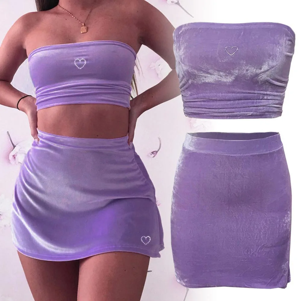 

Sweet Women 2 Piece Pink Velvet Sets Cute Love Heart Hot Drilling Outfits Strapless Tops High Waist Skirts Two Piece Party Suits