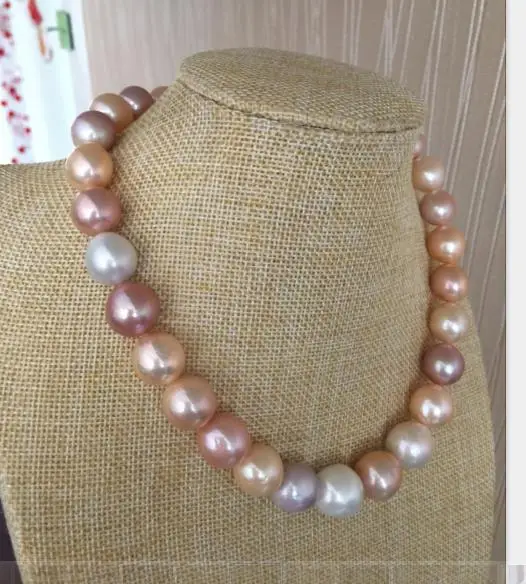 ?? 13-14ミリメートル南洋バロックゴールドピンクパープルマルチカラー真珠のネックレス18インチ